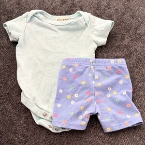 Baby Blue Bodysuit and Purple Floral Shorts Set